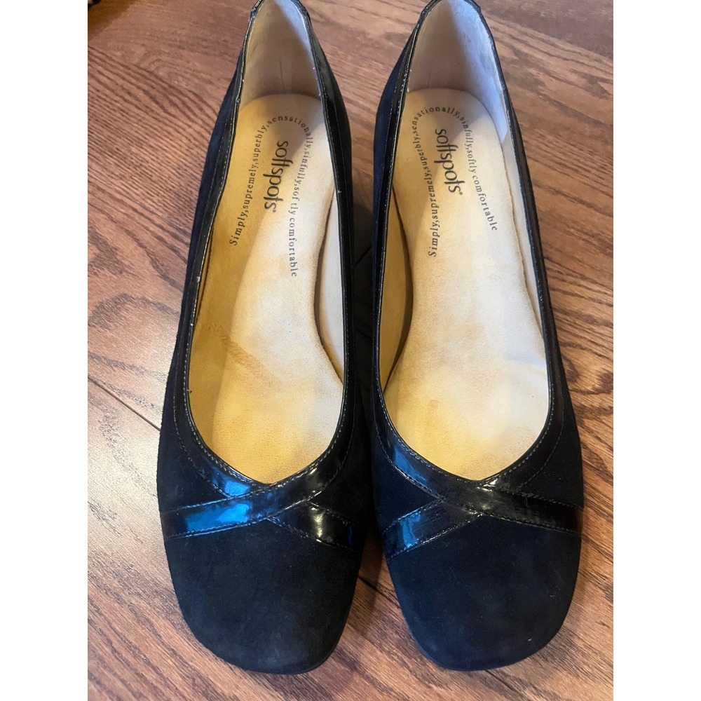Softspots Black Suede Patent Leather Wedge Pumps Square Toe Comfort Shoes 11M